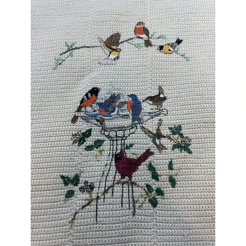 Handmade Colorful Birds Cream Crochet Knit Afghan Throw‎ Blanket w/ Fringe 37x57
